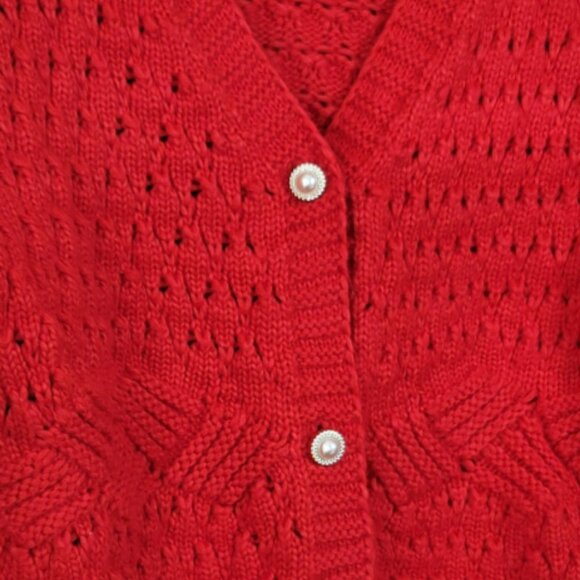Hazel Moon Red Open Knit Pearl Button Up Sweater V-Neck Long Sleeve Women's Sz M - Picture 11 of 13